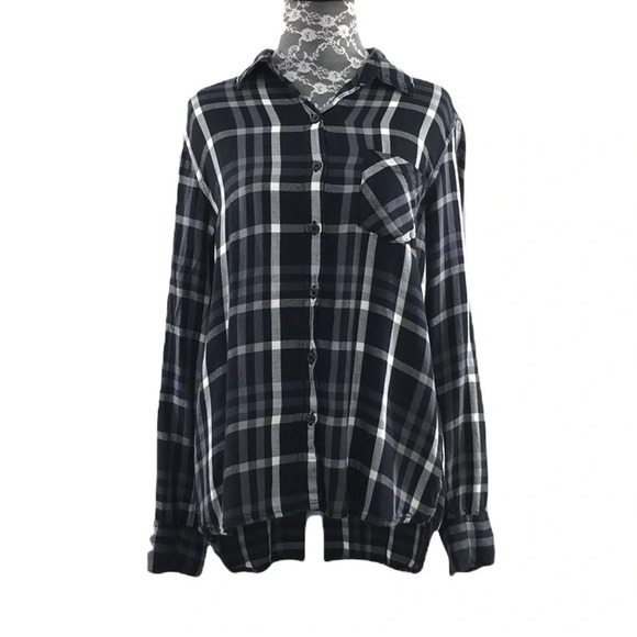 Woolrich Black White Plaid‎ Button Front Shirt Womens Large Roll Tab Sleeve - Picture 1 of 11
